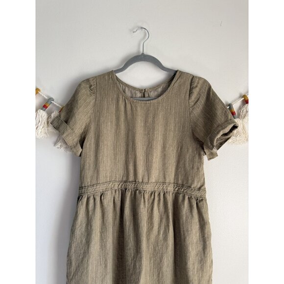 100% Linen Pinstripe Green Puff Sleeve Gathered Midi Shirtdress Coastal Beachy S - Picture 3 of 9